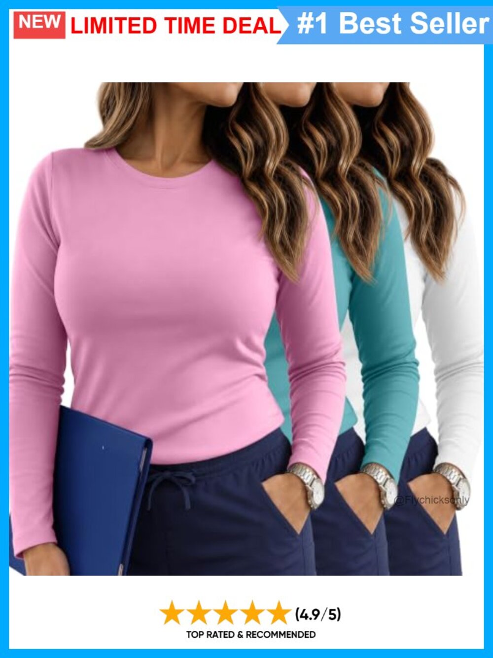 3 Pack Plus Size Long Sleeve Crew Neck Nurse Scrub Tops Workwear Tees